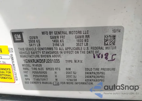 2015 Chevrolet Traverse Ltz z USA, uszkodzony, nr VIN 1GNKRJKD5FJ201035